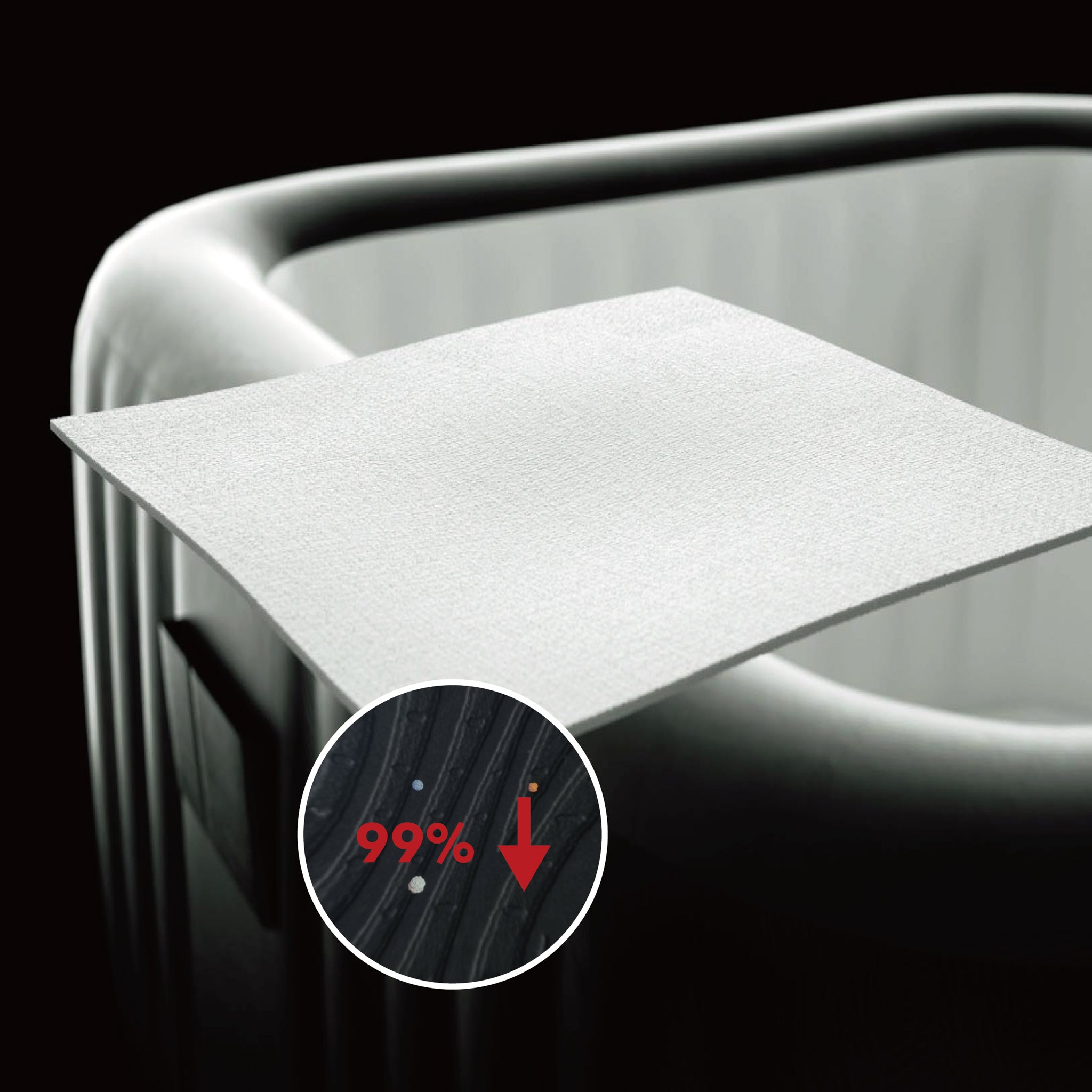 Portable inflatable hot tub jacuzzi in the background against black, with square sample of MSpa's antibacterial fabric which is applied to the inner liners of our all spas to enhance the sterilisation performance. A circle overlay with a picture of bacteria and 99% with a down arrow is illustrating that the fabric releases bactericidal components to reduce the reproduction of bacteria by 99%.