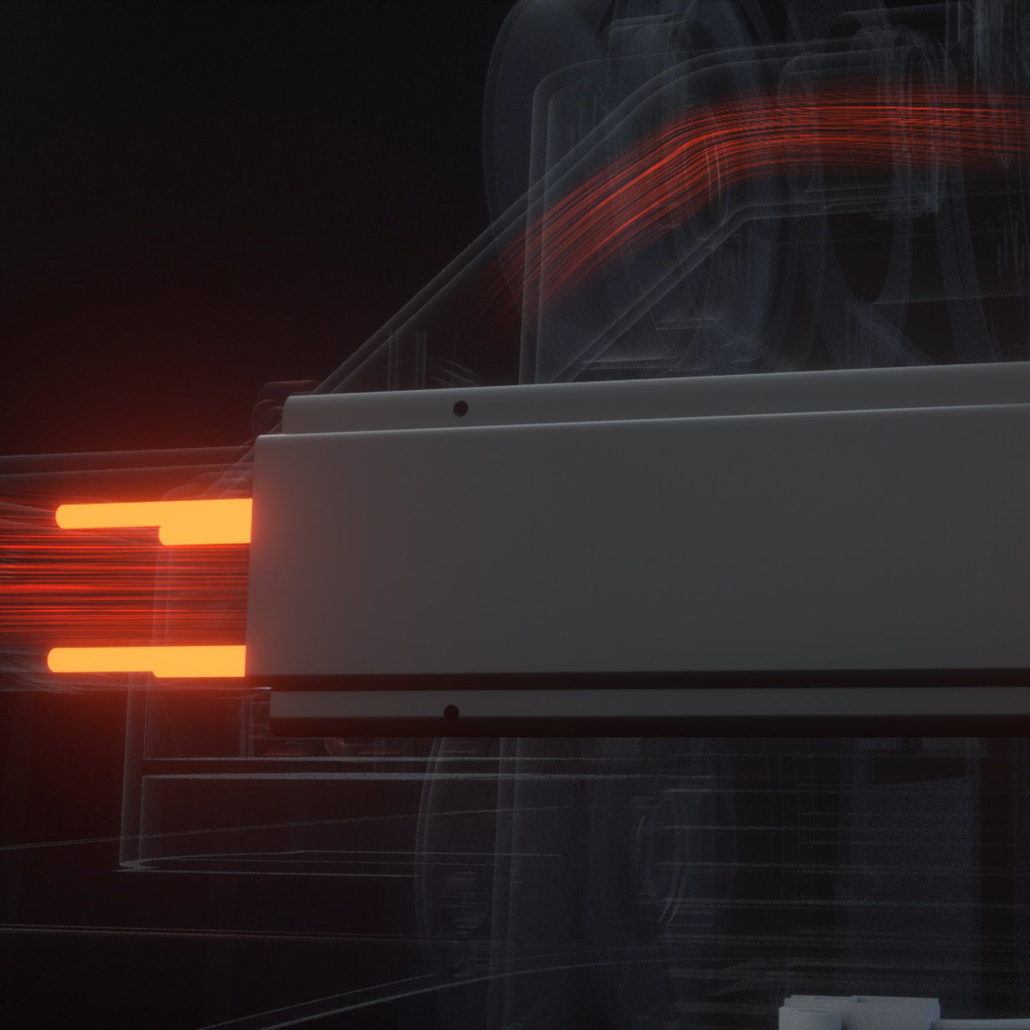 Realistic 3d render on a black background, showing a black ceramic heater discharging heat illustrated by blurred red lines being channeled to the spa, illustrating the high efficiency ceramic PTC heating technology on MSpa's hot tub jacuzzi range.