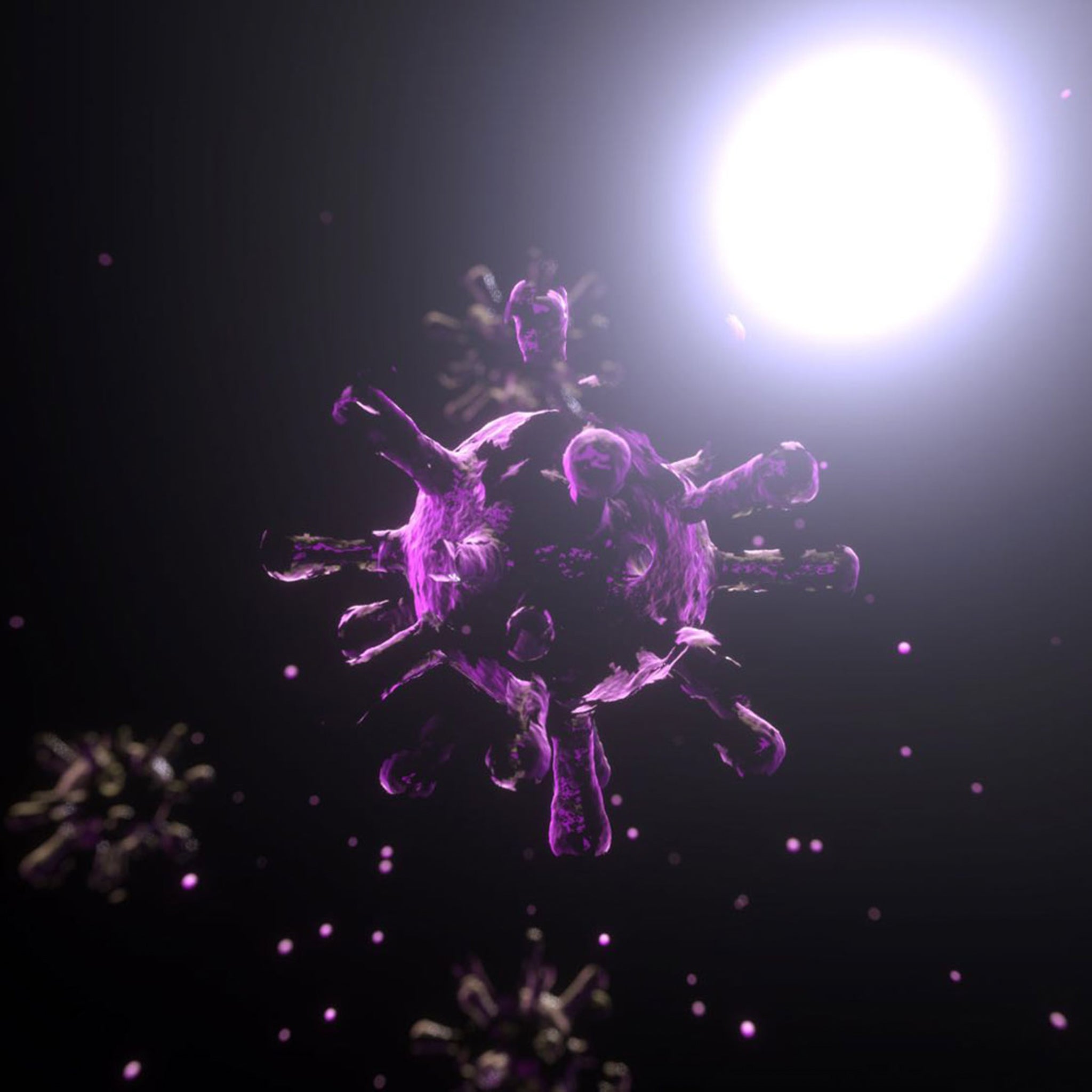 Purple virus-like particle against a dark background with a bright UV light source, illustrating the power of UVC sanitation which can kill microorganisms and pathogens without the use of harmful chemicals.