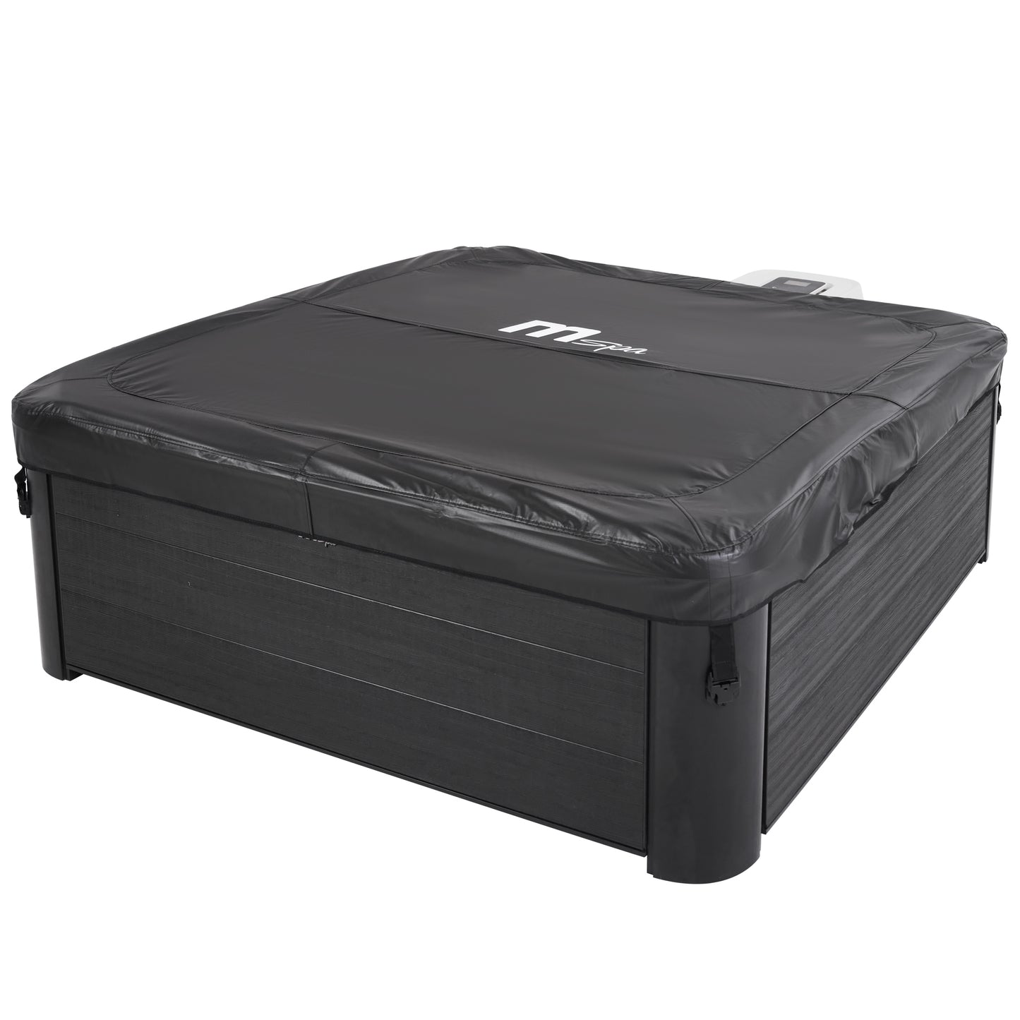Black hot tub cover with a visible MSpa brand logo on a square framed portable jacuzzi spa with black wood-like exterior.