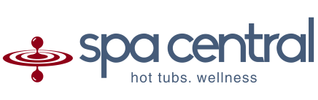 Logo for with red graphic of a water droplet causing ripples on the surface of water combined with blue text which reads spa central in large type and then hot tubs and wellness in smaller type on the next line.