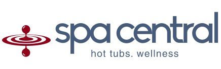 Logo for with red graphic of a water droplet causing ripples on the surface of water combined with blue text which reads spa central in large type and then hot tubs and wellness in smaller type on the next line.