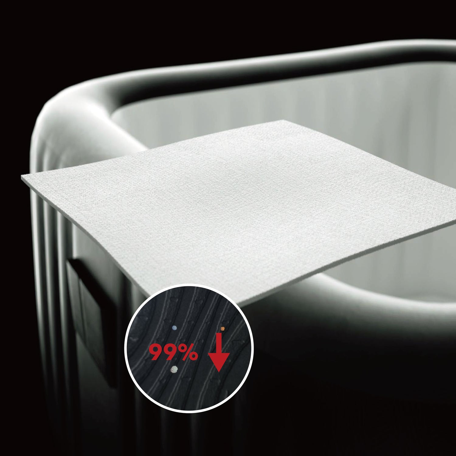 Portable inflatable hot tub jacuzzi in the background against black, with square sample of MSpa's antibacterial fabric which is applied to the inner liners of our all spas to enhance the sterilisation performance. A circle overlay with a picture of bacteria and 99% with a down arrow is illustrating that the fabric releases bactericidal components to reduce the reproduction of bacteria by 99%.