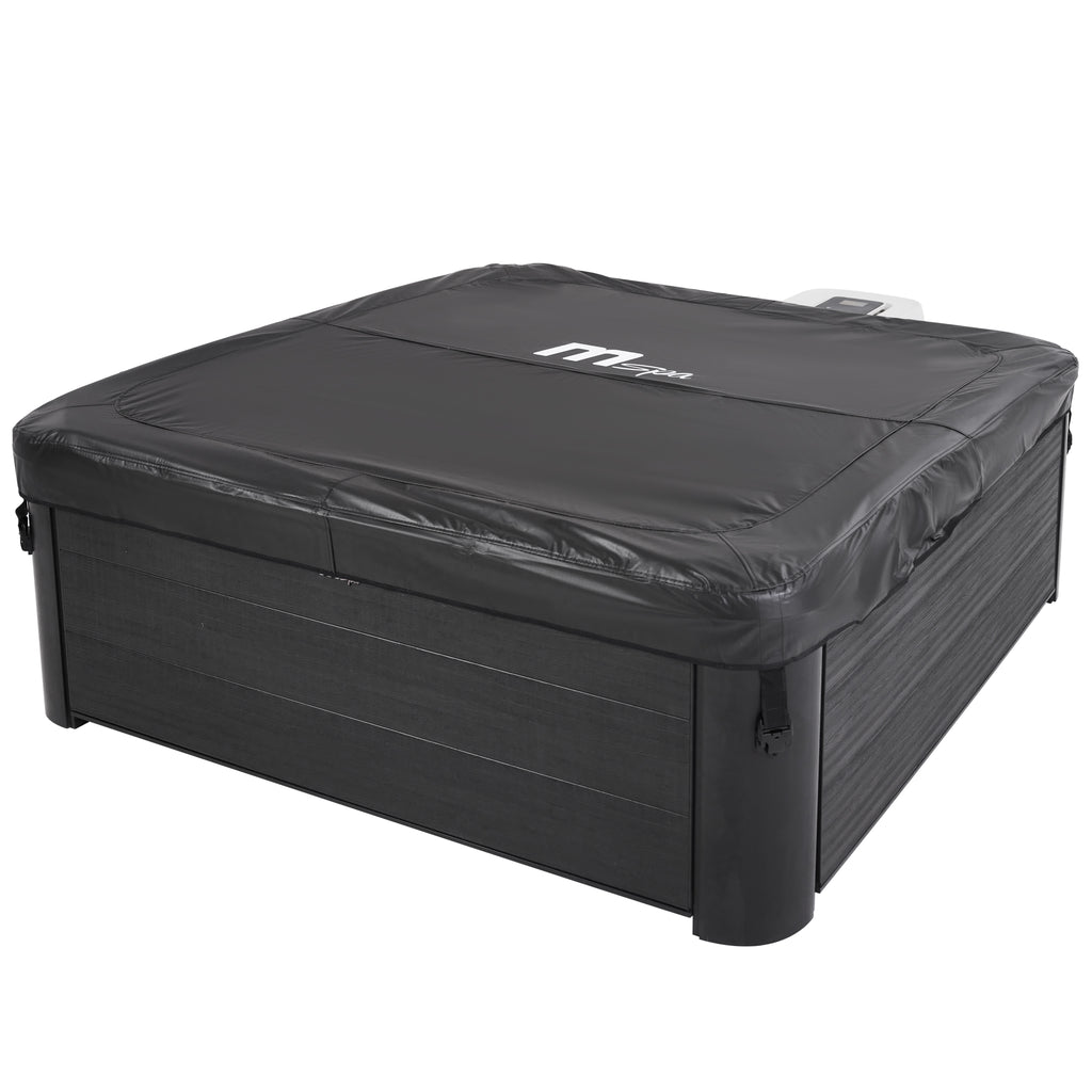 Black hot tub cover with a visible MSpa brand logo on a square framed portable jacuzzi spa with black wood-like exterior.