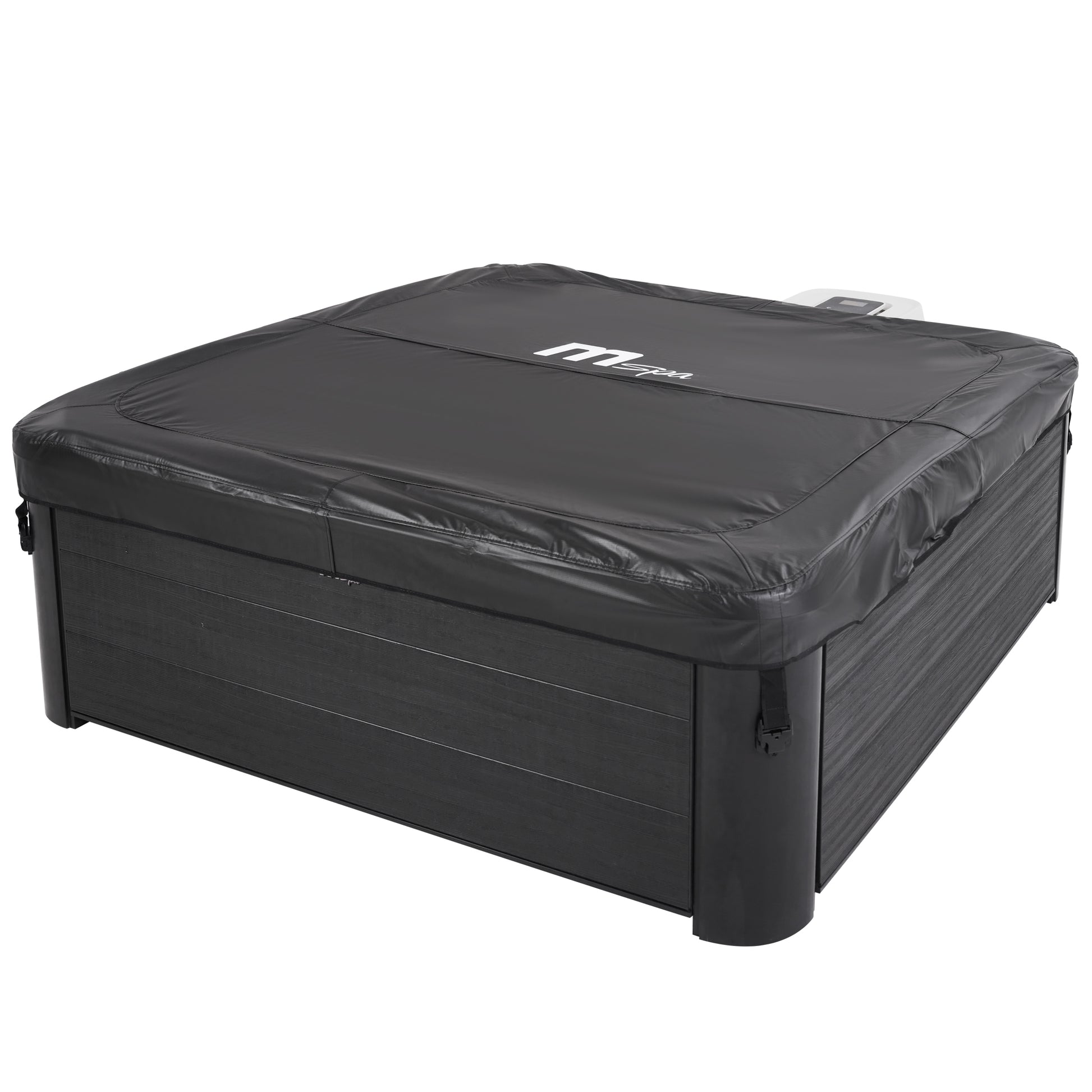 Black hot tub cover with a visible MSpa brand logo on a square framed portable jacuzzi spa with black wood-like exterior.