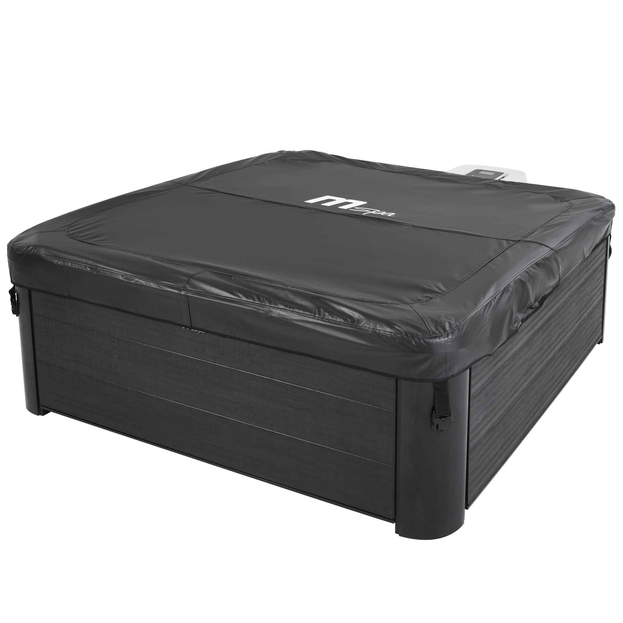 Black hot tub cover with a visible MSpa brand logo on a square framed portable jacuzzi spa with black wood-like exterior.
