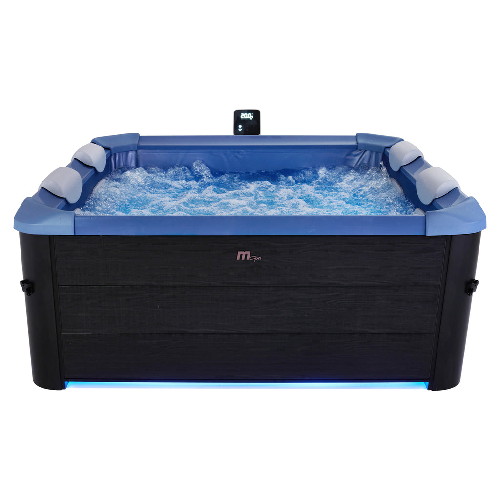 Portable hot tub jacuzzi with black wood-like exterior and sapphire blue interior, with LED lights on inside the spa and under the base of the square frame.