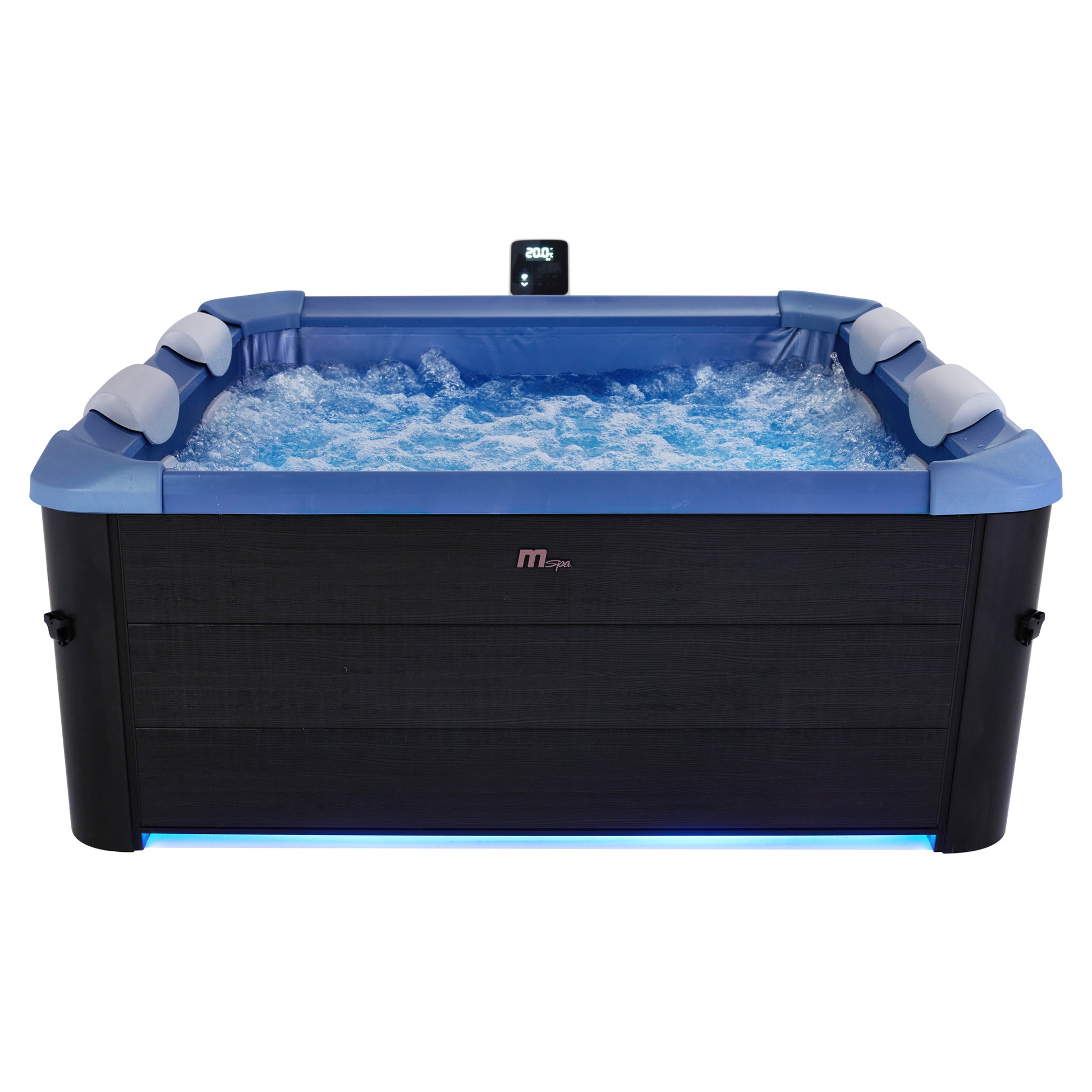 Portable hot tub jacuzzi with black wood-like exterior and sapphire blue interior, with LED lights on inside the spa and under the base of the square frame.