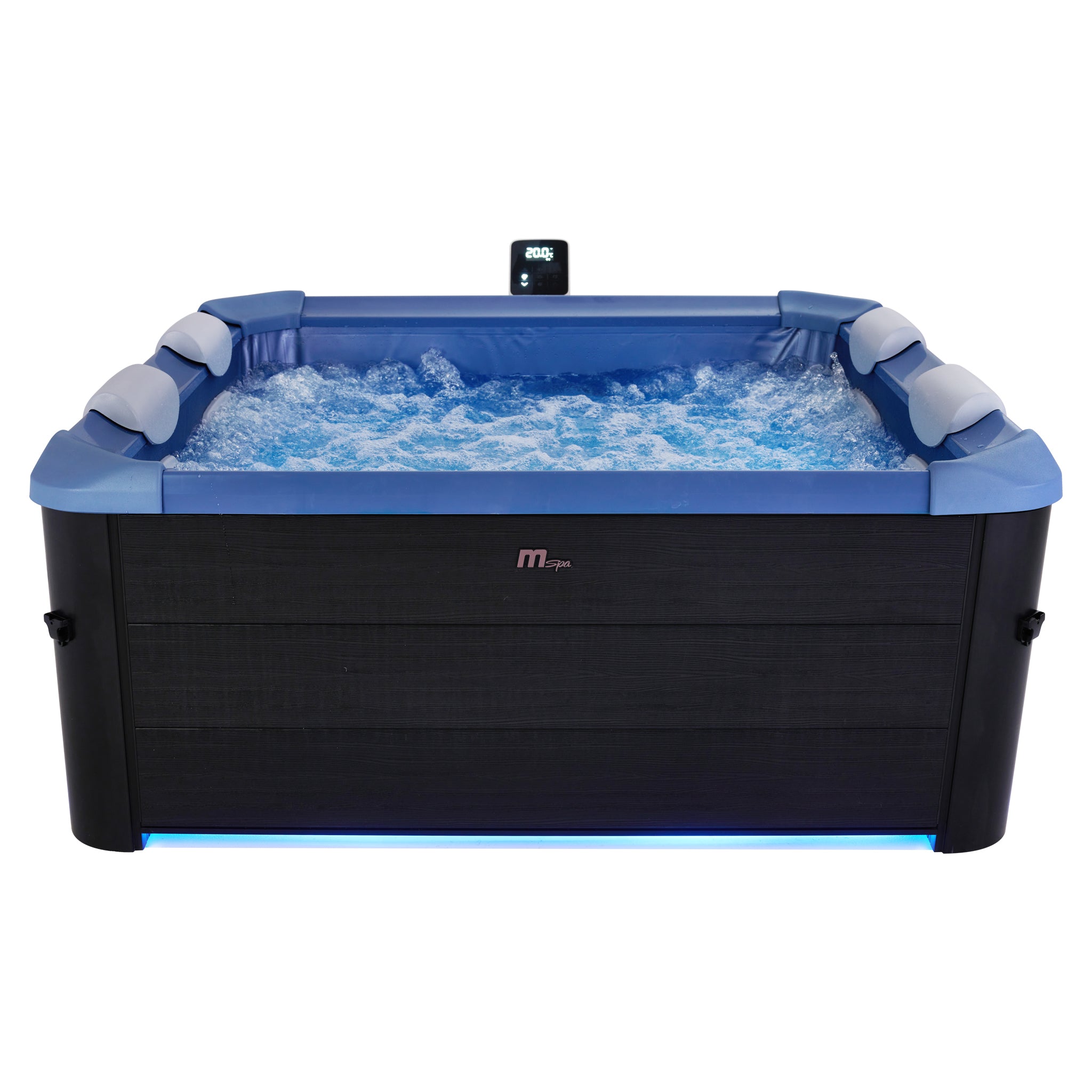 Portable hot tub jacuzzi with black wood-like exterior and sapphire blue interior, with LED lights on inside the spa and under the base of the square frame.