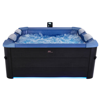 Portable hot tub jacuzzi with black wood-like exterior and sapphire blue interior, with LED lights on inside the spa and under the base of the square frame.
