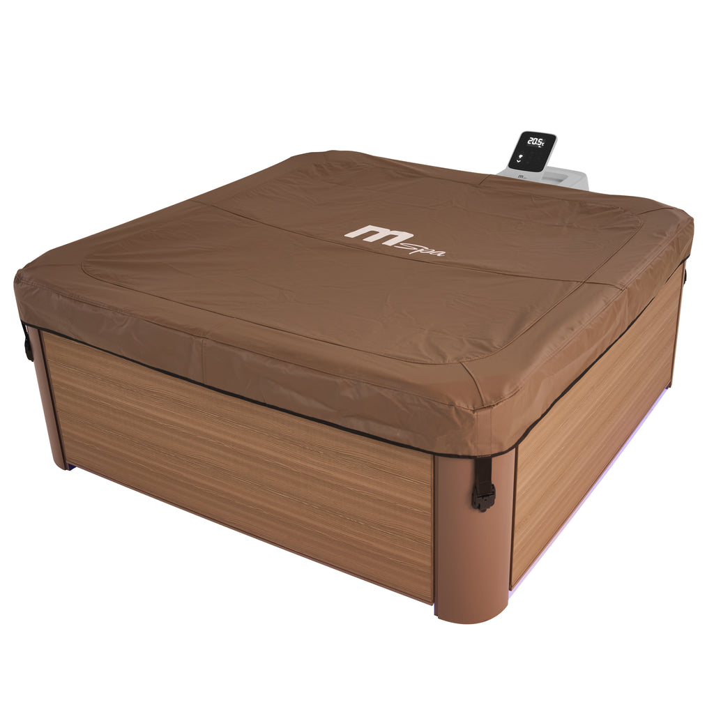 Brown hot tub jacuzzi cover with a visible MSpa brand logo on a square framed portable spa with wood-like exterior.