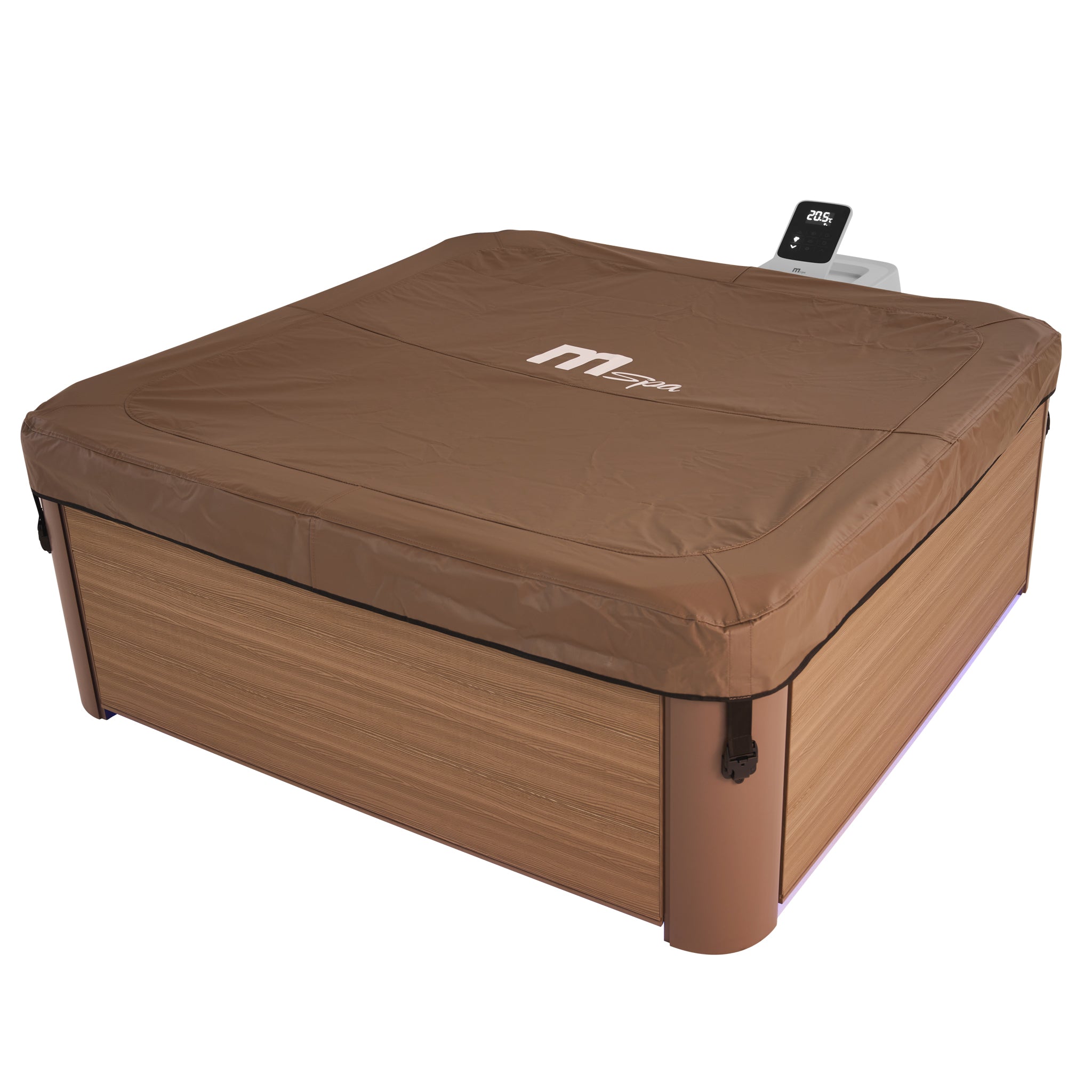 Brown hot tub jacuzzi cover with a visible MSpa brand logo on a square framed portable spa with wood-like exterior.