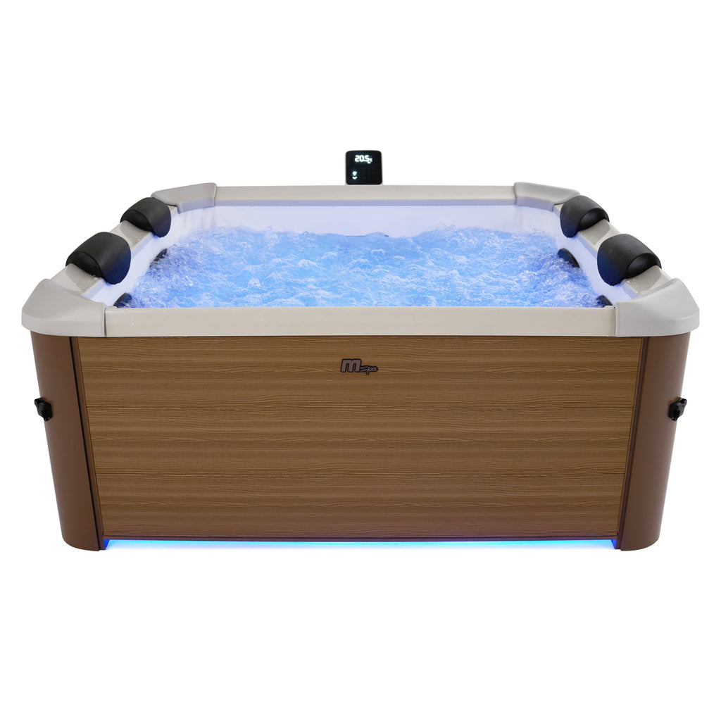 Portable hot tub jacuzzi with wood-like exterior and LED lights on inside the spa and under the base of the square frame.