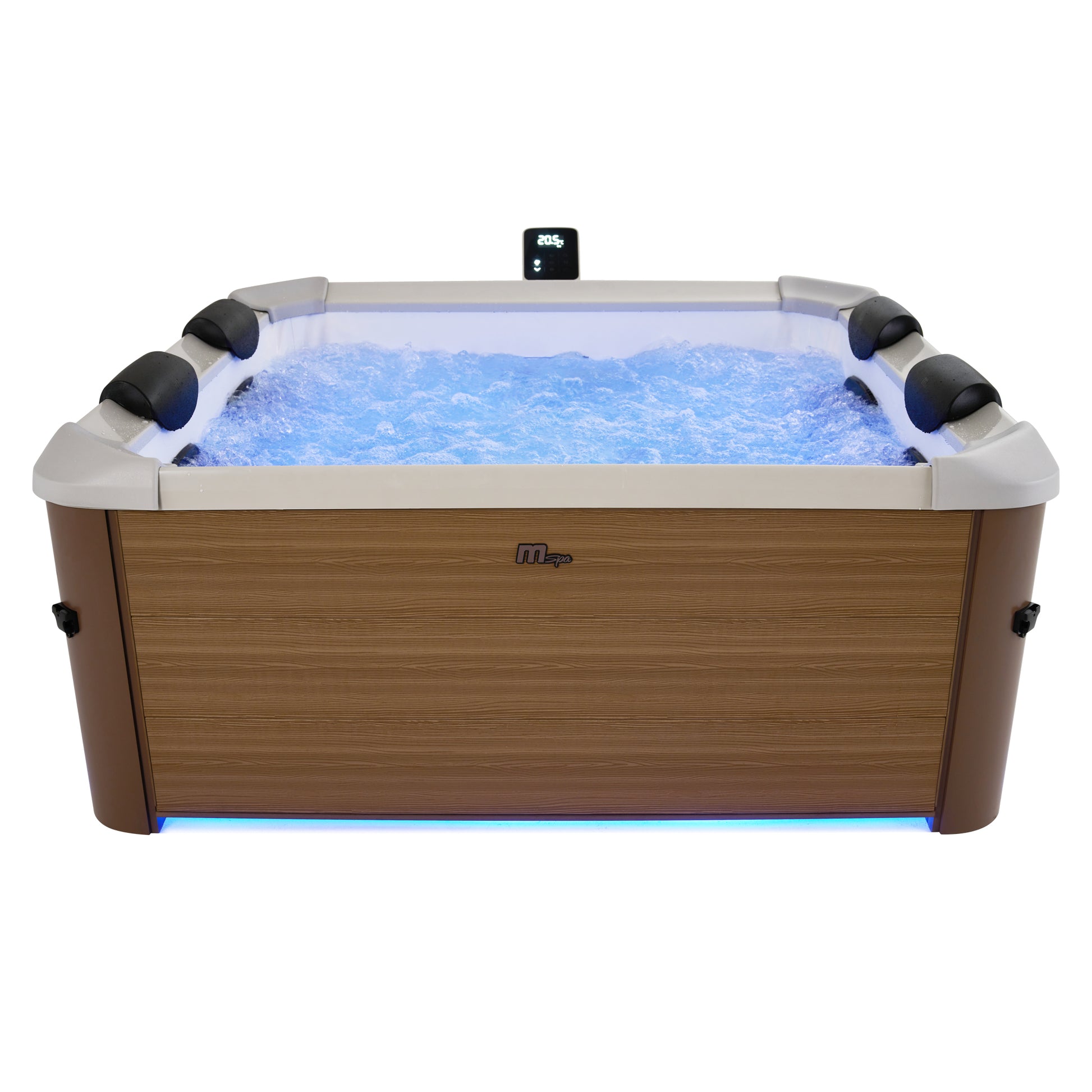 Portable hot tub jacuzzi with wood-like exterior and LED lights on inside the spa and under the base of the square frame.