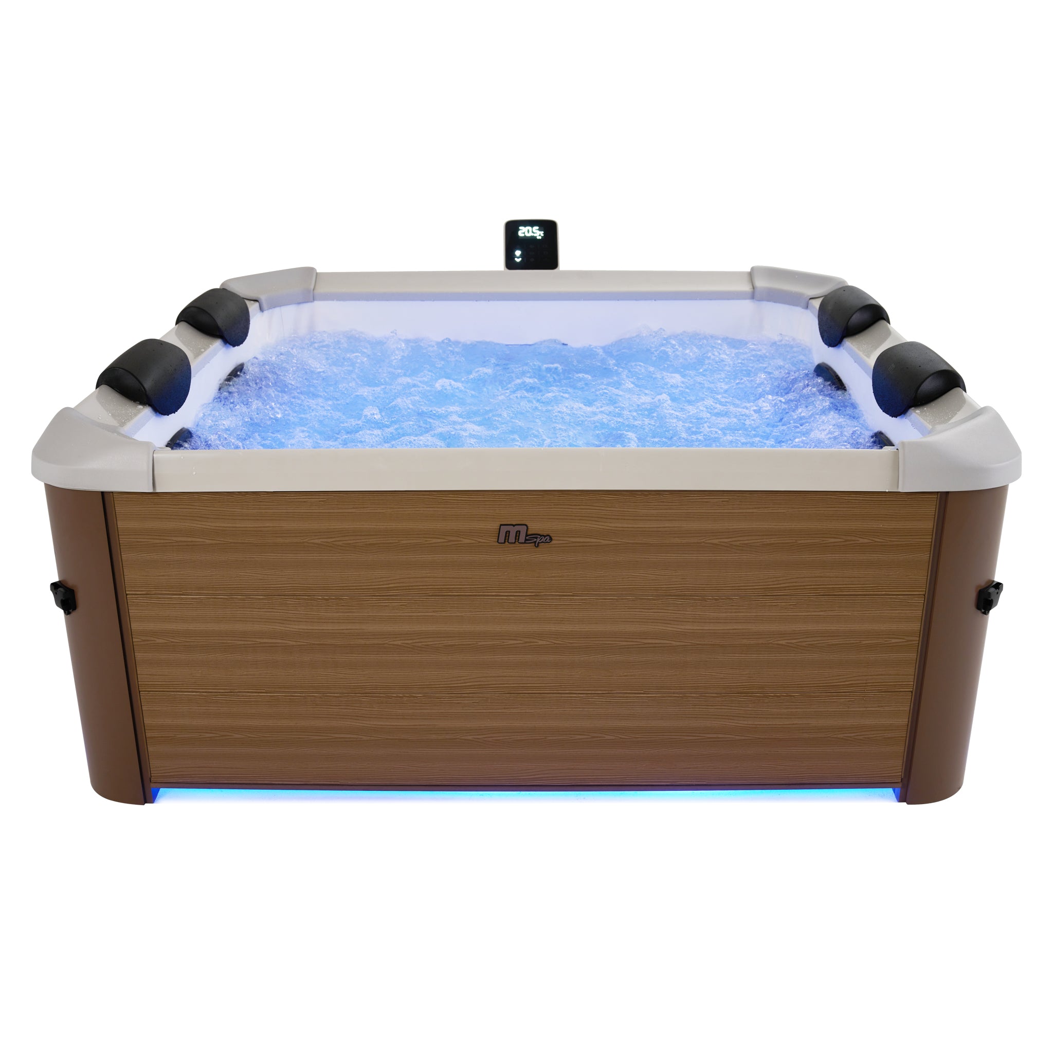 Portable hot tub jacuzzi with wood-like exterior and LED lights on inside the spa and under the base of the square frame.