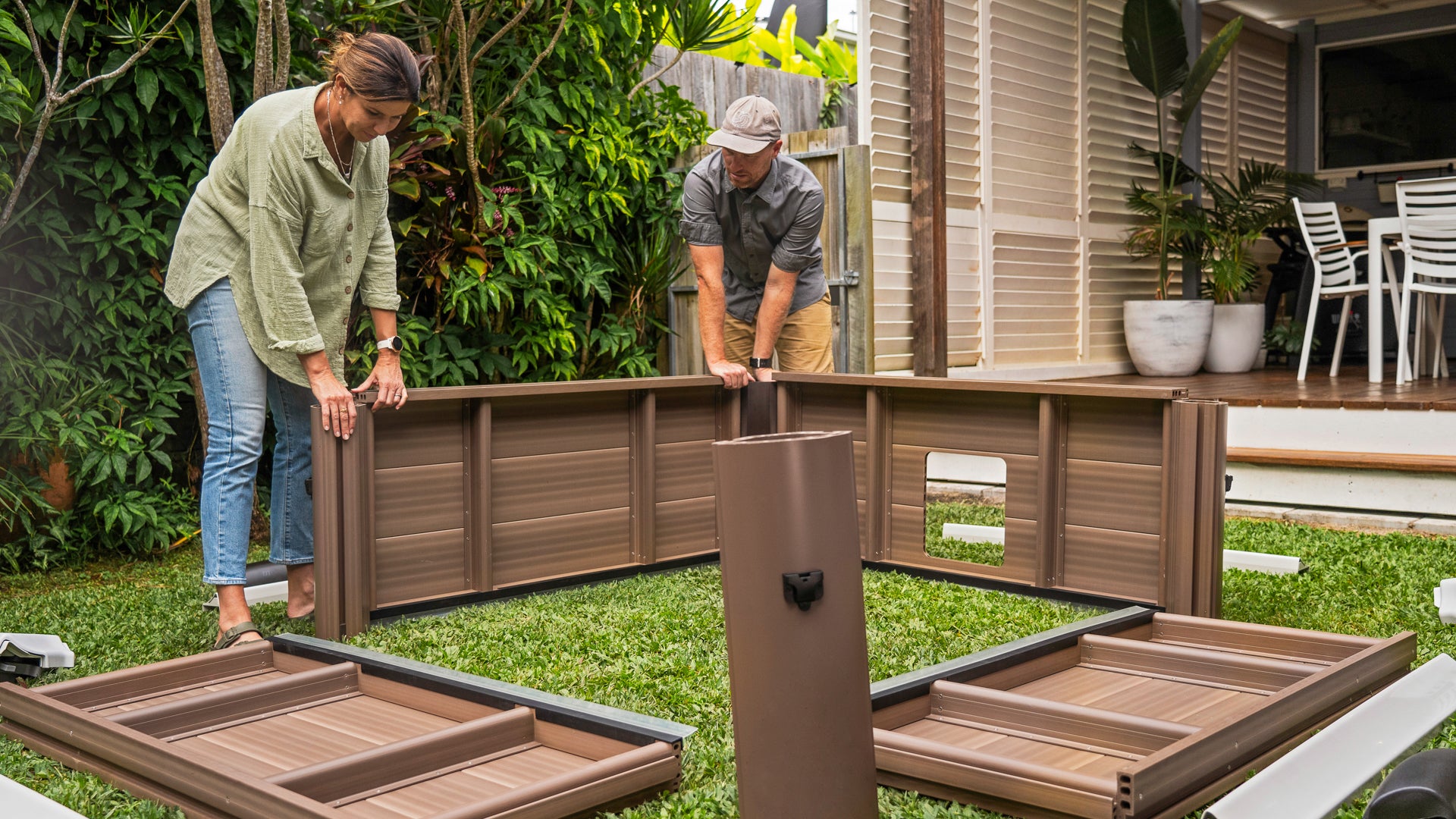 Video showing a couple setting up the woodlike frame of the MSpa OSLO Amber hot tub and then inflating the interior with ease, adding the neck rests to the frame with a simple click. As the spa is filled with water and the family waits for the spa temperature to warm up, they enjoy a relaxed meal on the back deck of their home with the spa in the background. The family all enjoy time relaxing in the hot tub together, controlling the temperature and hydromassage jets through the integrated OLED touch screen.